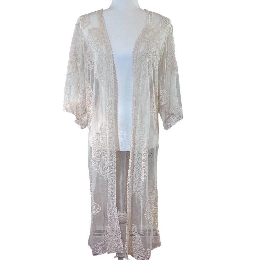 Sheer Lace Long Boho Kimono Cardigan Coverup Lace Mesh Open Duster Beige L-XL
